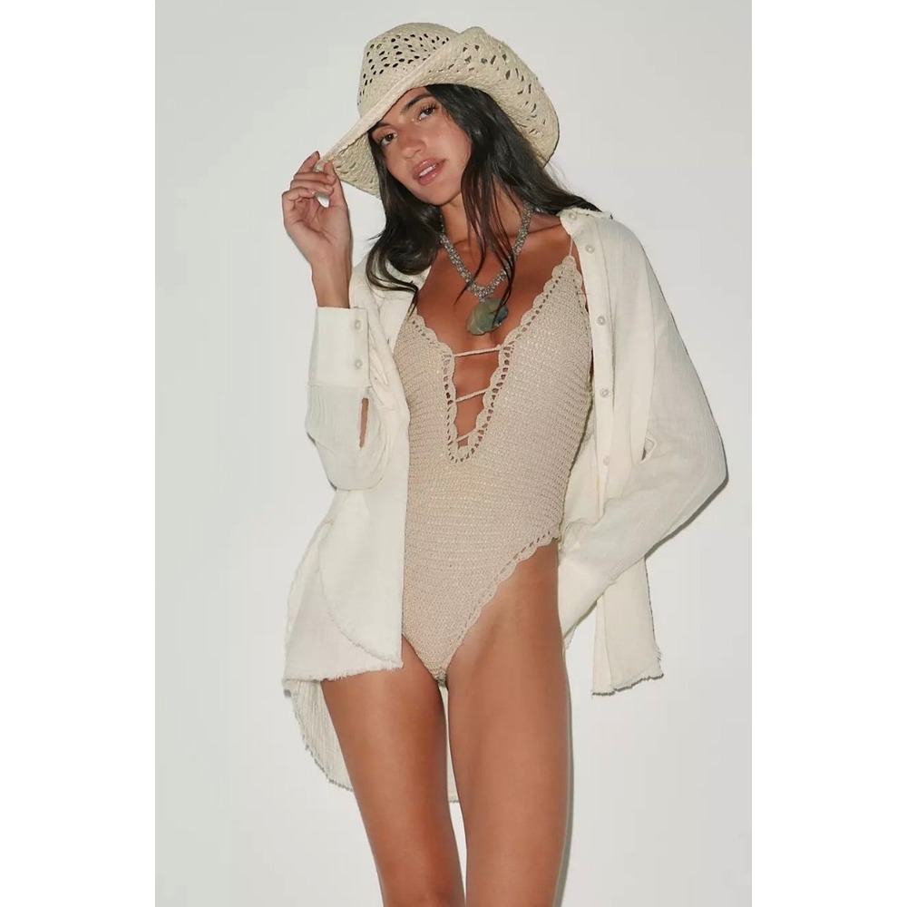 Out From Under Bliss Crochet One-Piece Swimsuit Urban Outfitters Neutral M NWT